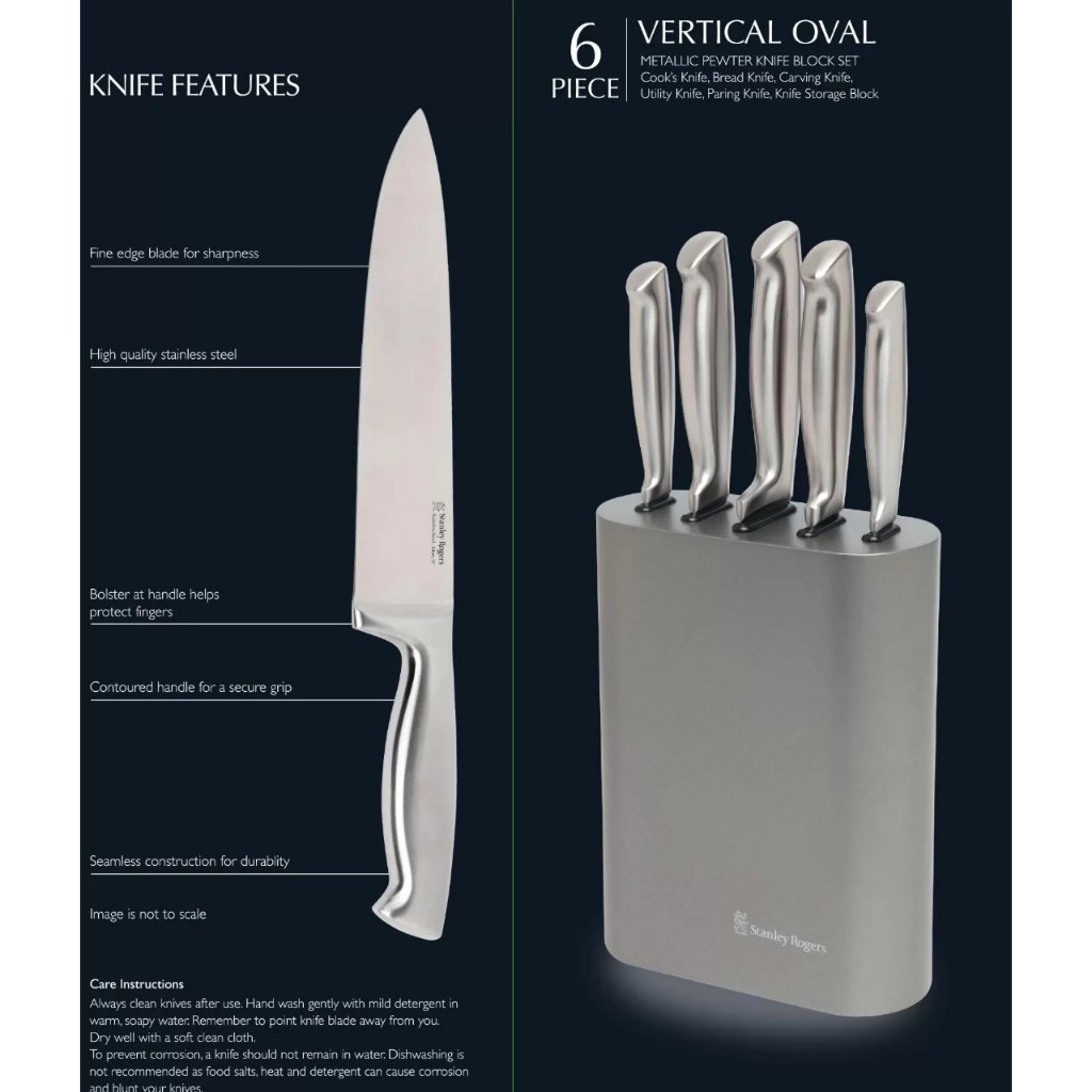 BỘ DAO 6 MÓN Stanley Rogers VERTICAL OVAL METALLIC PEWTER Made in Italia