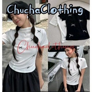 Áo thun cổ lọ đính nơ chất liệu thun nhũ có lớp lót ngực xinh xắn điệu đà -Chuchaclothing