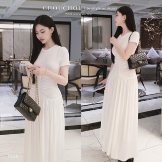 Váy xòe chất tăm díp lạnh co giãn 3 màu cổ tròn tay ngắn dúm sườn xòe tùng dáng dài midi 2 lớp sang chảnh tiểu thư QCCC