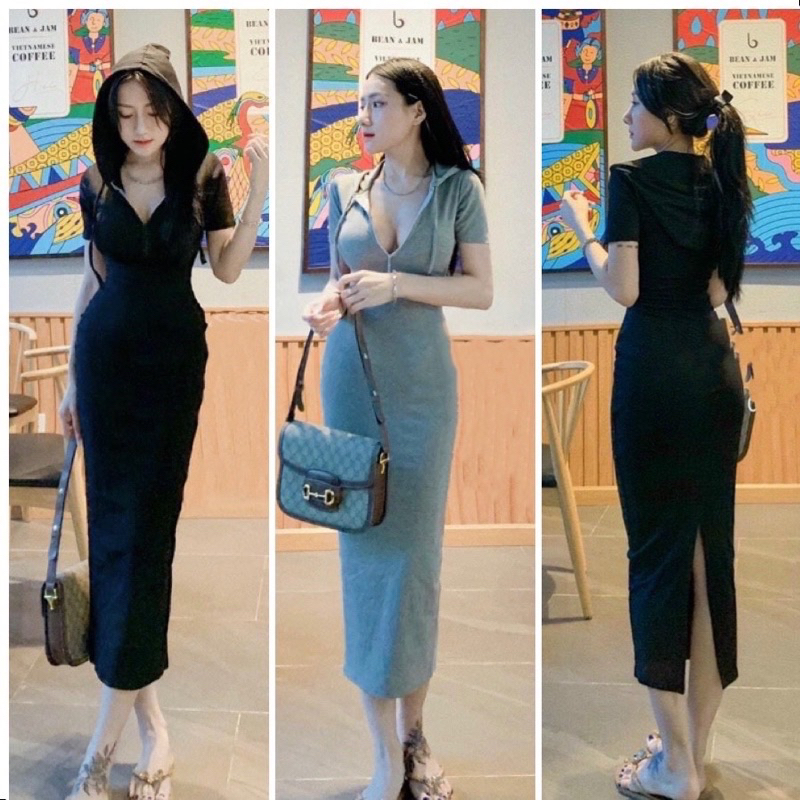 Đầm body có mũ dáng dài qua gối thun tăm dày dặn