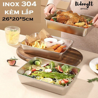 Hộp đựng thực phẩm tủ lạnh 26x20cm,hộp đựng bảo quản thực phẩm kèm nắp nhựa chất liệu inox 304 chống rỉ đa năng