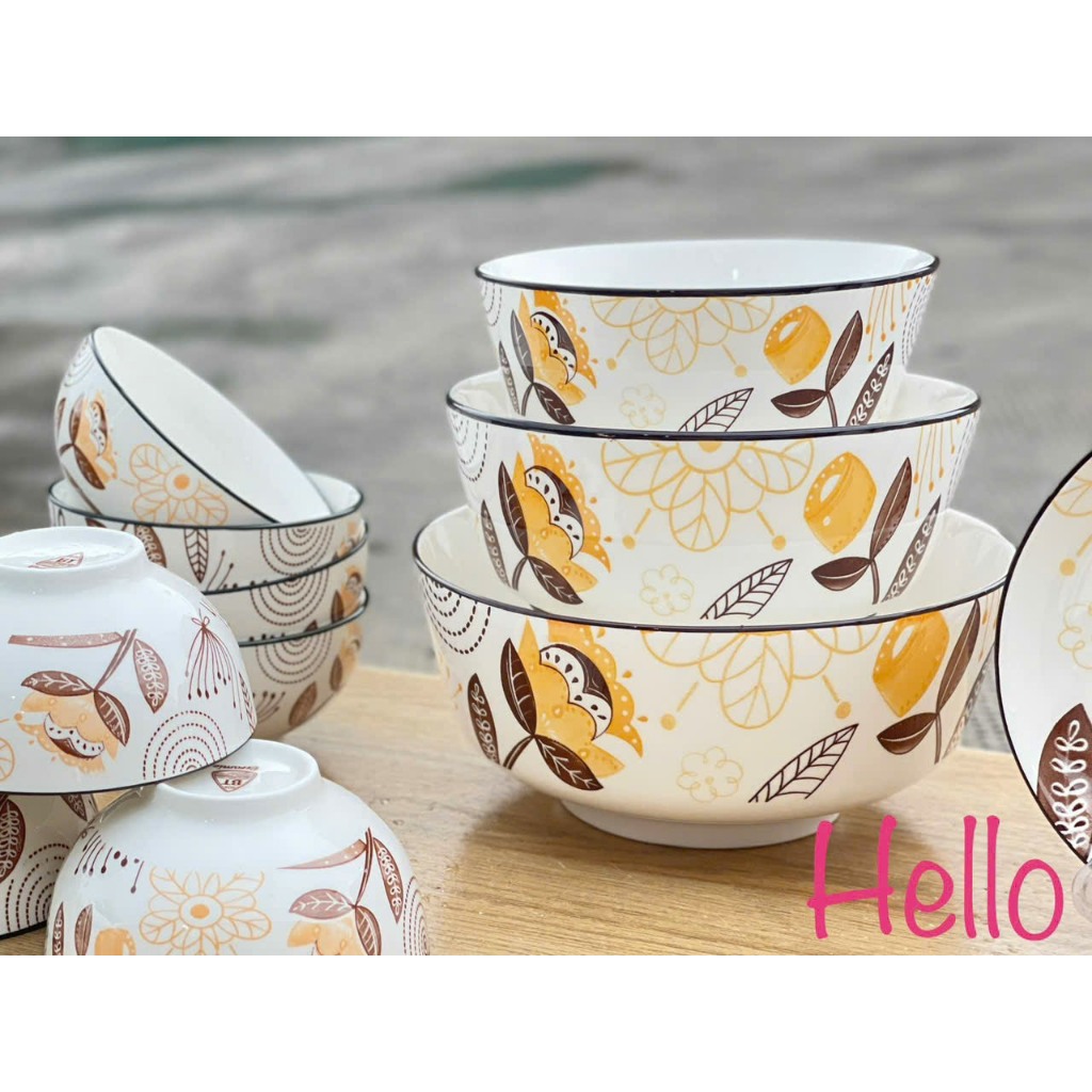 Bộ 2 Tô Sứ Họa Tiết Hello Các Size 6inch 7inh 8Inch, Tô Canh Phở Tráng Men Cao Cấp