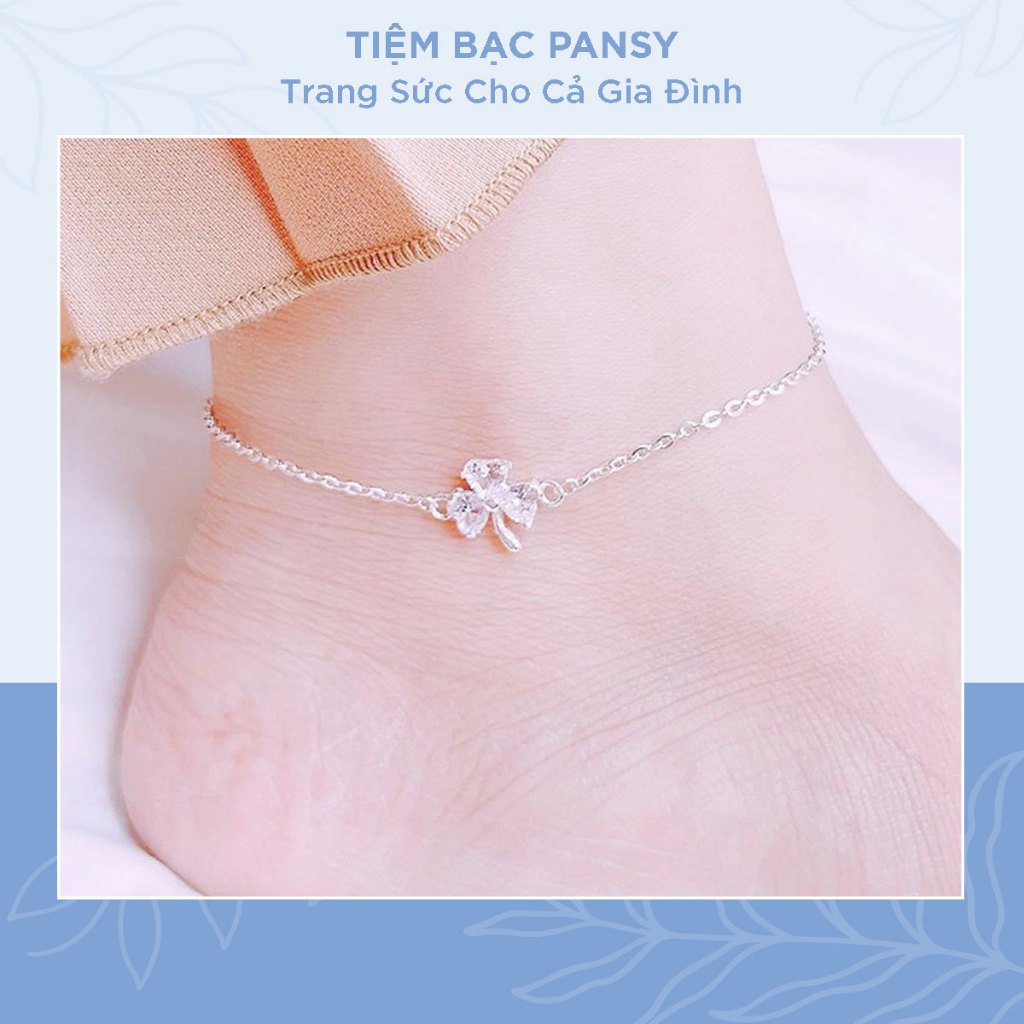 Lắc chân bạc nữ PANSY mặt cỏ 3 lá may mắn - Vòng chân bạc ta cao cấp đính đá trắng, xanh