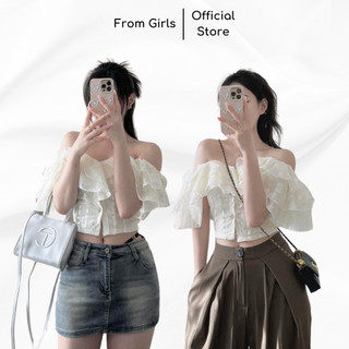 Áo trễ vai croptop có đệm ngực bèo hoa, áo croptop trễ vai bèo sexy from_girls - SM242