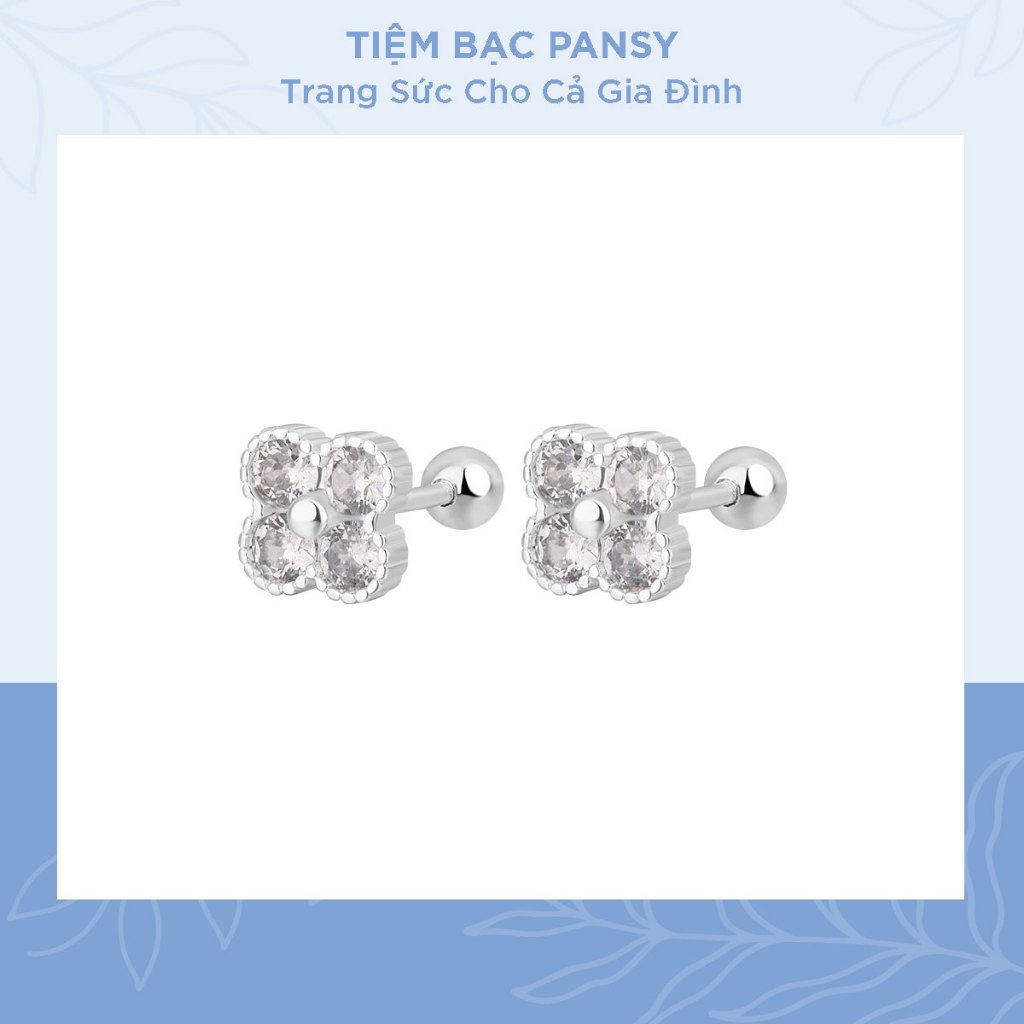 Khuyên tai bạc nữ PANSY cỏ 4 lá chốt ren cá tính - Bông tai nữ bạc ta cao cấp