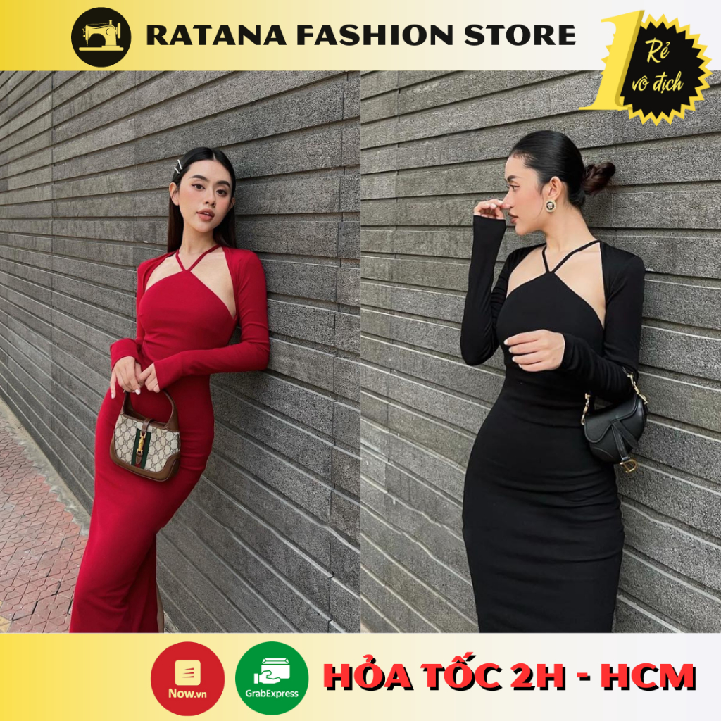 Đầm thun body cổ yếm kèm áo khoác tay dài