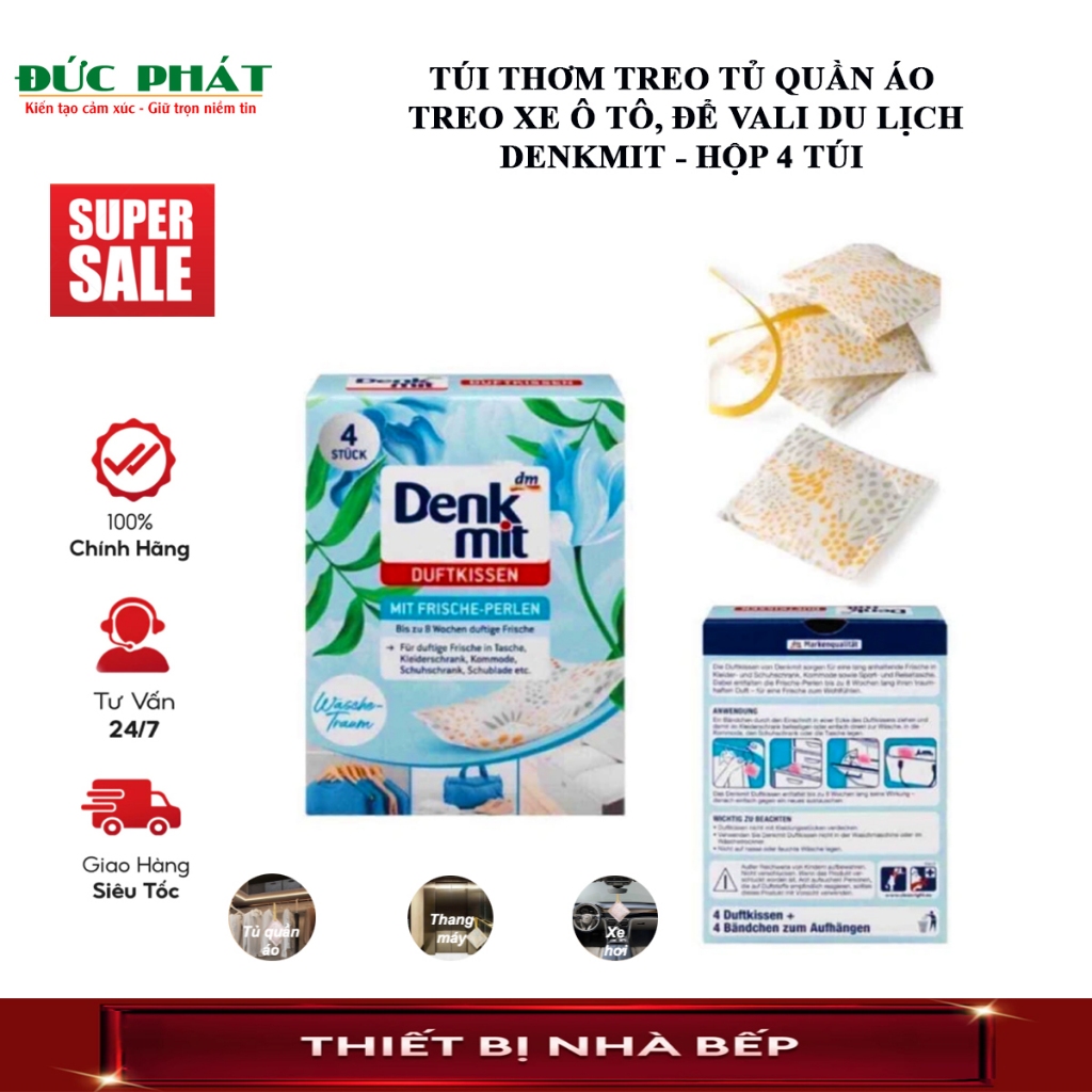 Túi thơm treo trong tủ quần áo, trong phòng ngủ, thay đồ, xe ô tô Denkmit hộp 4 túi xuất xứ Châu âu