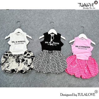 Áo croptop dây rút hình in, quần ngắn cho bé gái, phối set tulalove