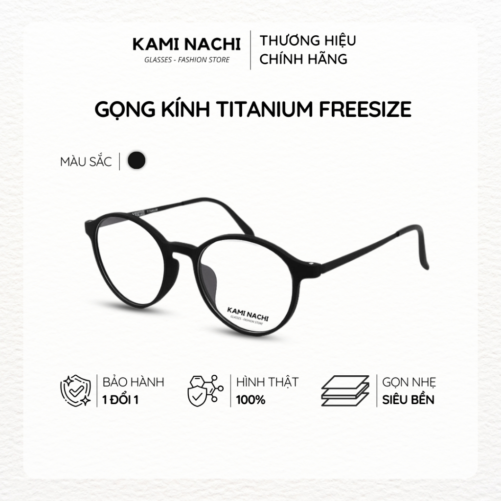 Gọng kính Titanium đen nhám dáng tròn thanh mảnh KAMI NACHI phong cách tối giản tròn Freesize