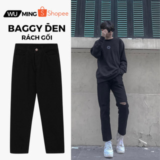 Quần baggy đen rách gối, quần jean rách gối ống rộng nam nữ phong cách Hàn Quốc