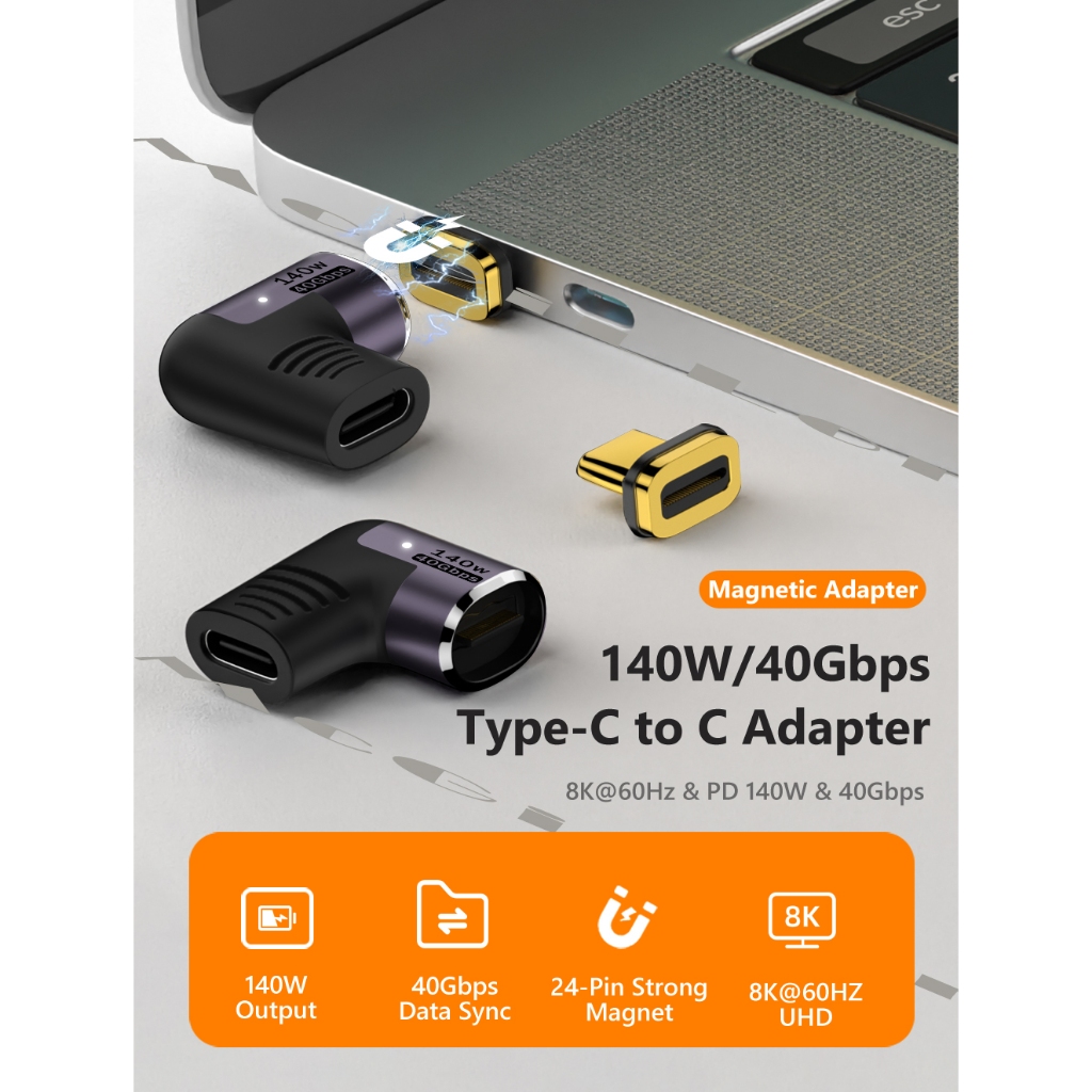[140W 40Gbps/8K] Bộ đầu chuyển đổi nam châm từ tính Type C sang Type C USB3.2 140W 40Gbps xuất video