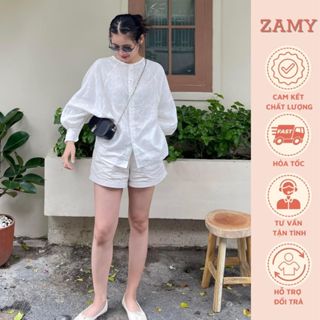  Set đồ nữ sét Linen áo cổ tròn tay raglan cánh dơi kèm quần sooc chất Linen cao cấp Zamy thiết kế đi chơi du lịch 