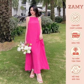 Váy đi biển, đầm maxi dáng dài cổ yếm hở lưng chất đũi nhăn mềm mát Zamy thiết kế đi chơi, du lịch