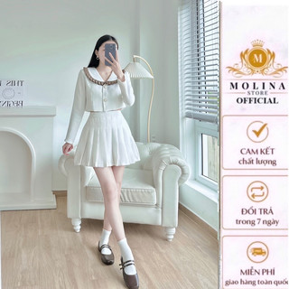 Set Váy Thiết Kế Molina Tay Dài Hai Lớp Cổ Tròn Bèo Xếp Ly Thanh Lịch, Chất Liệu Bố Lụa Cao Cấp