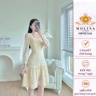 Đầm Ren Dáng Xoè Cổ Vuông Phối Tay Voan Thiết Kế Molina Cúc Bọc Điệu Đà, Hai Lớp Dày Dặn Thanh Lịch Nữ Tính