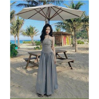 Đầm maxi cổ yếm dây lưng bo chun 2 màu