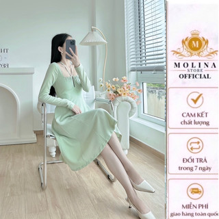 Đầm Thắt Dây Cổ Thiết Kế Molina Chất Thun Hàn Tay Dài Dáng Xòe Dài Thanh Lịch