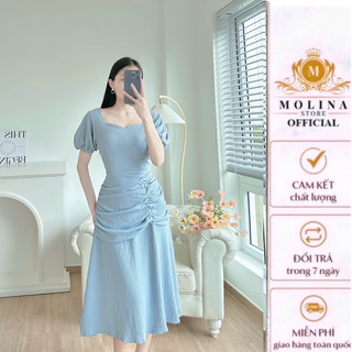 Váy Dự Tiệc Cổ Vuông Molina Thiết Kế Dáng Dài Nhún Eo Tay Phồng Cho Nữ Đi Chơi, Đi Tiệc