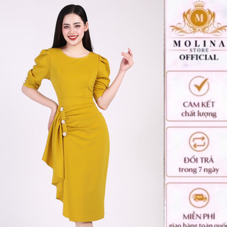 Đầm Thiết Kế Dáng Body Nữ Molina Tay Bồng Lỡ Xoắn Eo Đính Khuy, Chất Liệu Thun Da Hàn Cao Cấp