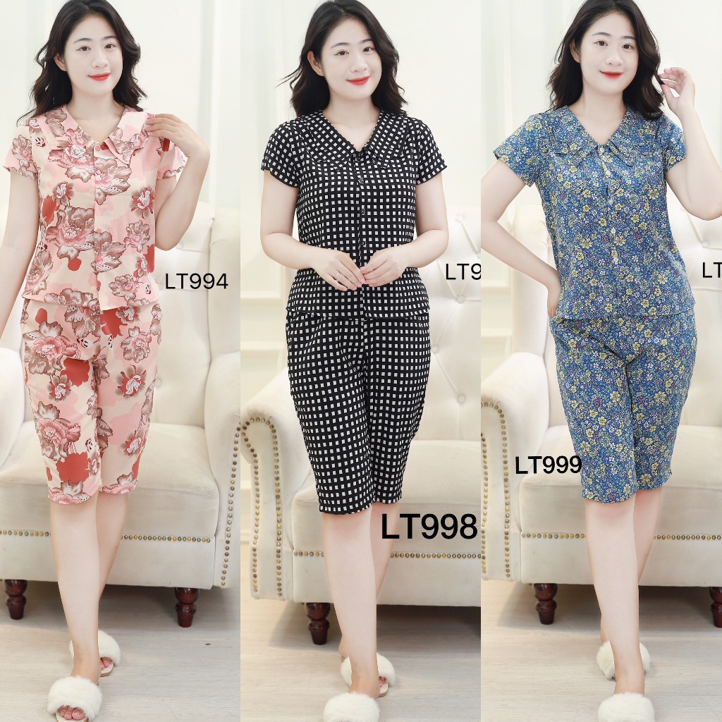(Bunnysky) Đồ bộ mặc nhà nữ, quần áo thiết kế mẫu lửng cổ kép đẹp chất liệu mềm mát