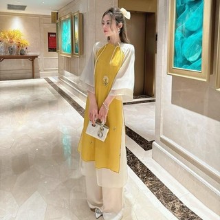Áo dài cách tân nữ, áo dài cổ tròn tay lỡ phối màu cực xinh,chất liệu crep nhăn thêu hoa cực cute