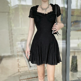Đầm midi Lace flower ren đen cúp ngực bèo tay ngắn co giãn