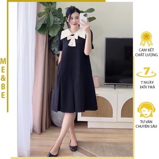 Đầm váy bầu công sở babydoll xinh dáng suông dài cổ sen phối nơ trắng điệu đà m743 - váy cộc tay hàng thiết kế freesize