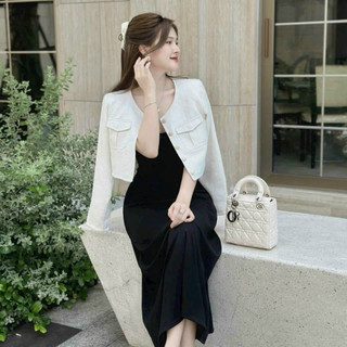Đầm thời trang nữ dự tiệc sang trọng kèm áo khoác lenin tay dài chất cotton cổ dây không tay dáng chữ A dài maxi