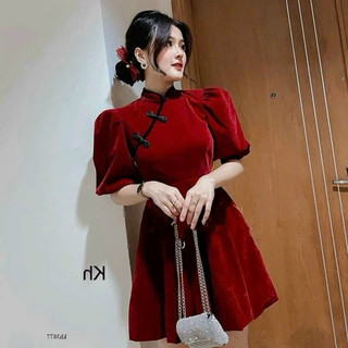 Đầm thời trang nữ dự tiệc sang trọng chất nhung cổ tàu có lót tay phồng dáng chữ A dài Midi trẻ trung quý phái