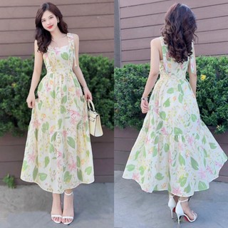 Đầm váy nữ lụa hoa maxi 2 dây họa tiết in hoa sang chảnh thích hợp cho các nàng đi biển