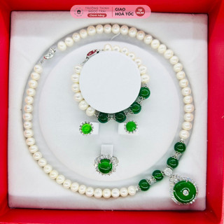 Bộ trang sức ngọc trai 8ly mặt đá mã não đồng điếu xanh 4 món tặng kèm hộp - ngọc trai trường thịnh