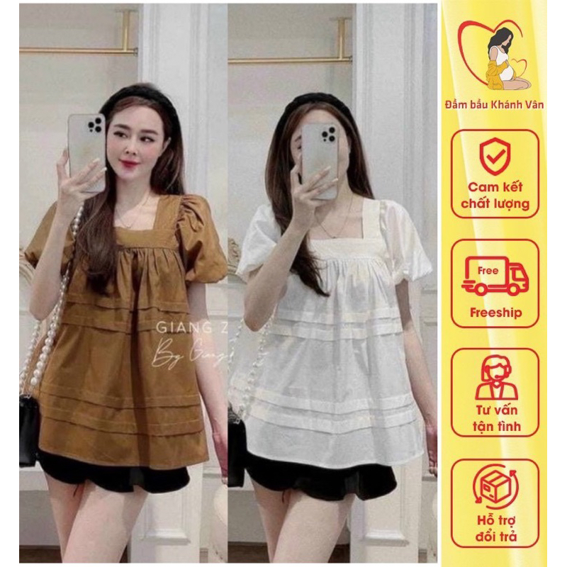 Áo bầu babydoll cổ vuông siêu xinh, áo bà bầu cao cấp chất đũi siêu mát siêu mềm ko nhăn, áo bầu công sở