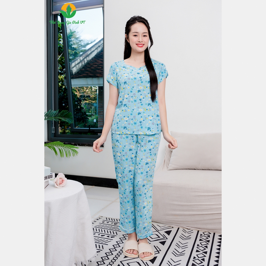 Bộ mặc nhà lanh nữ Việt Thắng quần dài áo cộc tay cổ phối ren - B08.2401