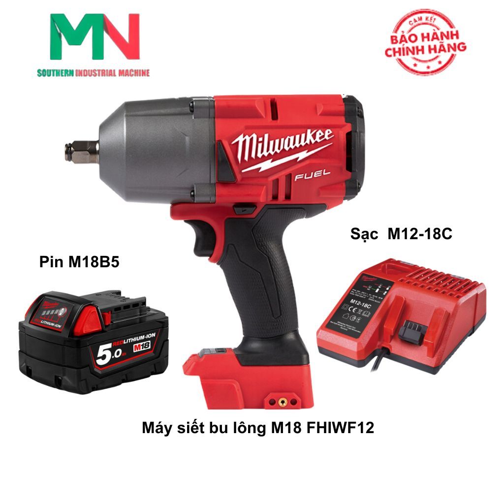 Combo Máy siết bu lông Milwaukee M18 FHIWF12 + 1 Pin M18B5 18V/5.0Ah + 1 Sạc M12-18C - Chính Hãng