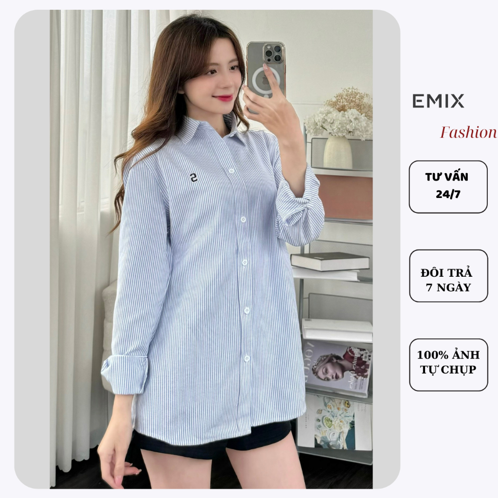 Áo sơ mi kẻ mặc đôi nam nữ unisex form rộng thêu chữ S Emix Somike3071/P4K4