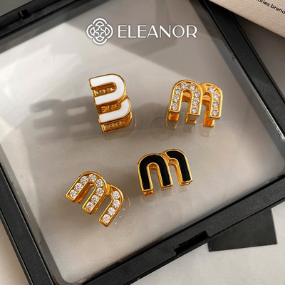 Bông tai nữ chuôi bạc 925 Eleanor Accessories chữ M đính đá khuyên tai basic phụ kiện trang sức 6970