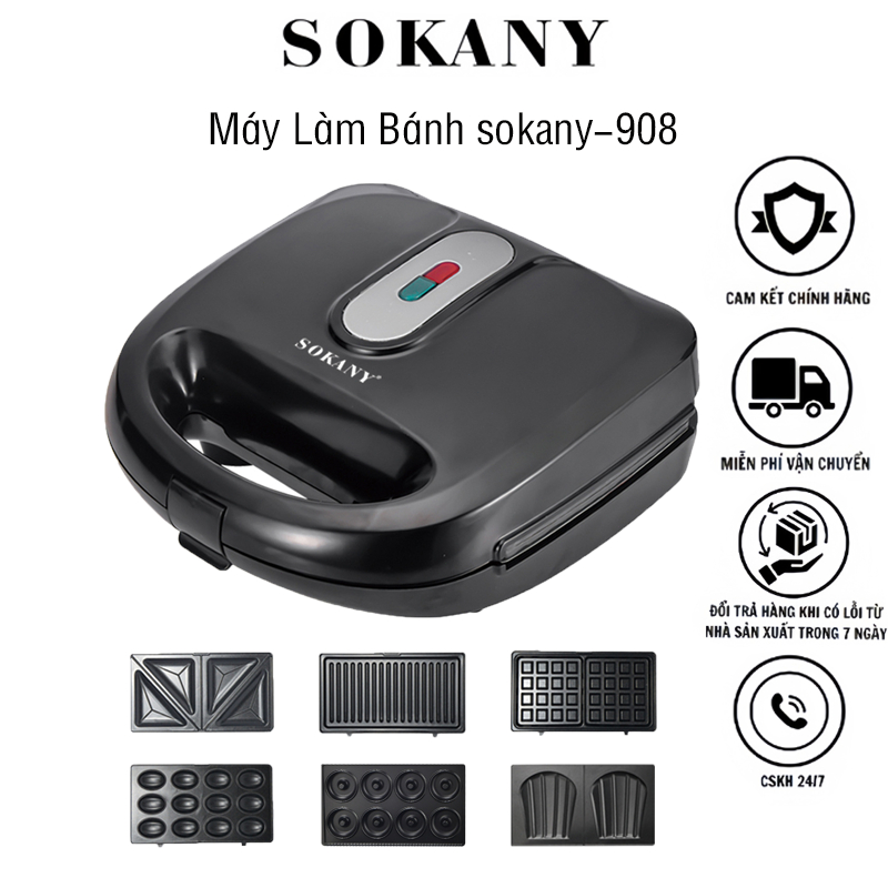 Máy làm bánh đa năng 6in1 bánh cuộn, bánh donut, bánh waffle, sandwich, chiên ép bánh mỳ Sokany 908