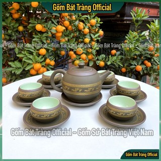 Bộ ấm trà tử sa lạc việt rêu chén xanh, bộ ấm chén bát tràng lạc việt xanh cao cấp