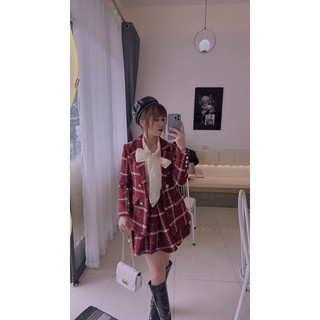 Set Dạ chân váy xếp ly kẻ ô đỏ