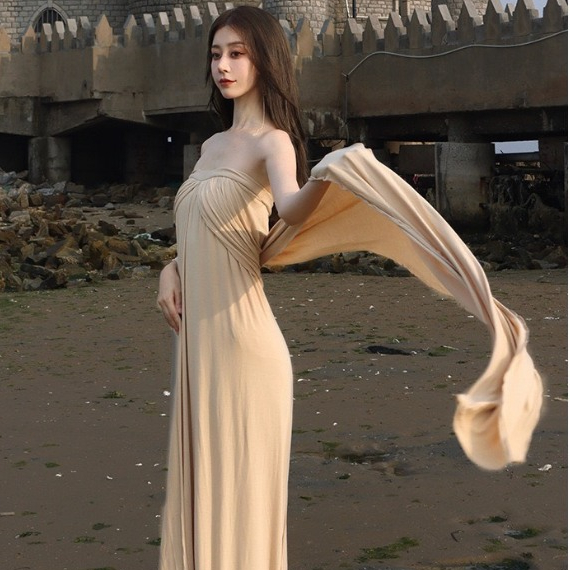 Đầm Đi Du Lịch Phối Khăn Choàng Thiết Kế Mới Đầy Quyến Rũ Lưng Hở Gợi Cảm Kiểu Pháp Geisha Géis