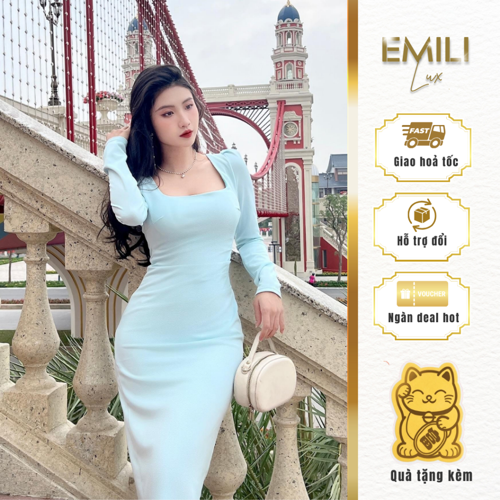 Đầm body cổ vuông Emili phối cách đầm dài tay công sở [v255]
