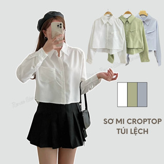 Áo sơ mi croptop túi lệch đuôi tôm, sơ mi dáng ngắn tay dài chất vải thô Renee Store - AS2025