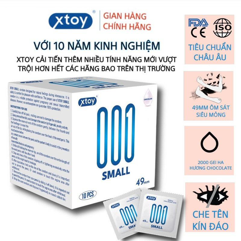 Bao cao su XTOY SMALL 0.01, ôm sát, size nhỏ 49mm, siêu mỏng, kéo dài thời gian, hương chocolate, nhiều gel - hộp 10 bcs