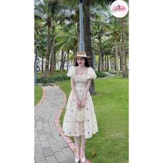Đầm lụa hoa nhí nơ sau tay phồng cổ vuông nhún ngực dáng váy dài phong cách tiểu thư bánh bèo