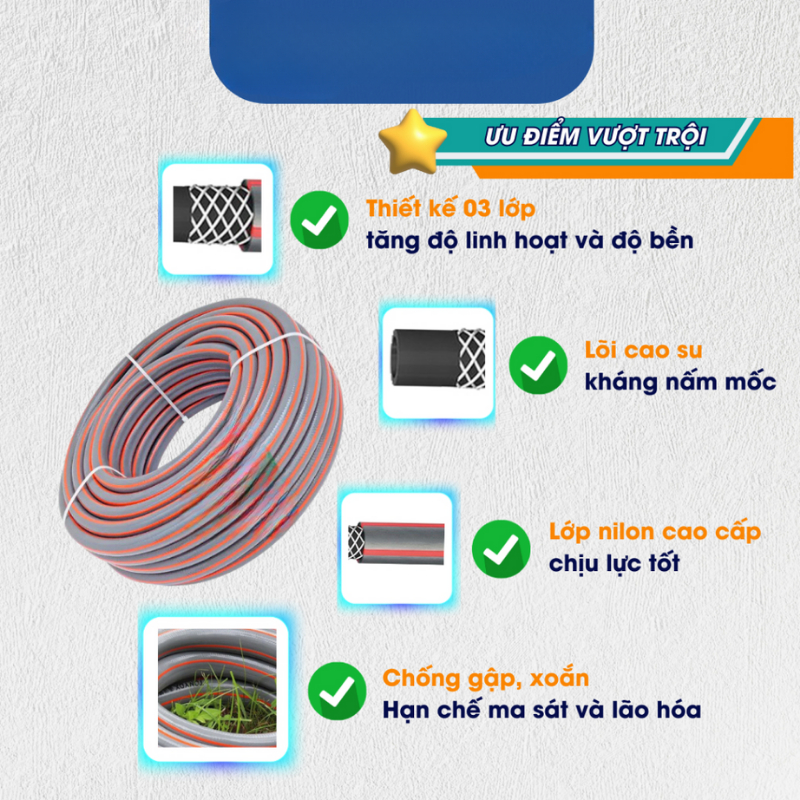 Ống Dẫn Nước 3 Lớp Cao Cấp Phi 16 -20mm Chống Gập, Xoắn Dùng Tưới Cây, Rửa Xe