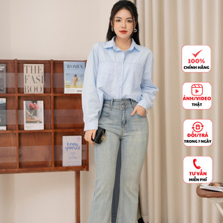 Quần jeans nữ FIONA dáng vẩy quần bò ống rộng gấu may ba phân trang trí C314008