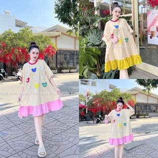 Đầm babydoll tay bồng - Váy babydoll dáng rộng in hoạ tiết gấu phối voan thời trang bầu mặc được