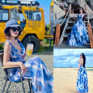 Đầm maxi loang xanh đỏ 2 dây cổ đổ - Maxi Ngọc Lan