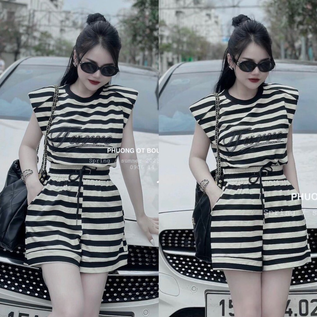 Sét đồ bộ nữ kẻ sọc tay ngắn cổ tròn mặc mát mẻ đi chơi đi tiệc