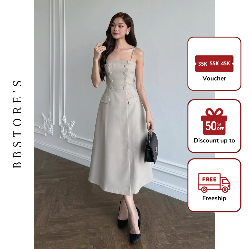 Đầm Xòe Hai Dây Dự Tiệc Kết Nút Bọc Phối Túi Nắp Sang Trọng BBSTORE'S -D3194